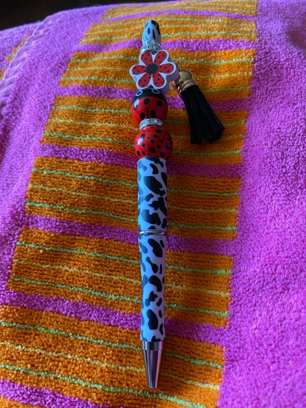 Designer-Style Black & White Leopard Print Beaded Ballpoint Pen with Red Accents
